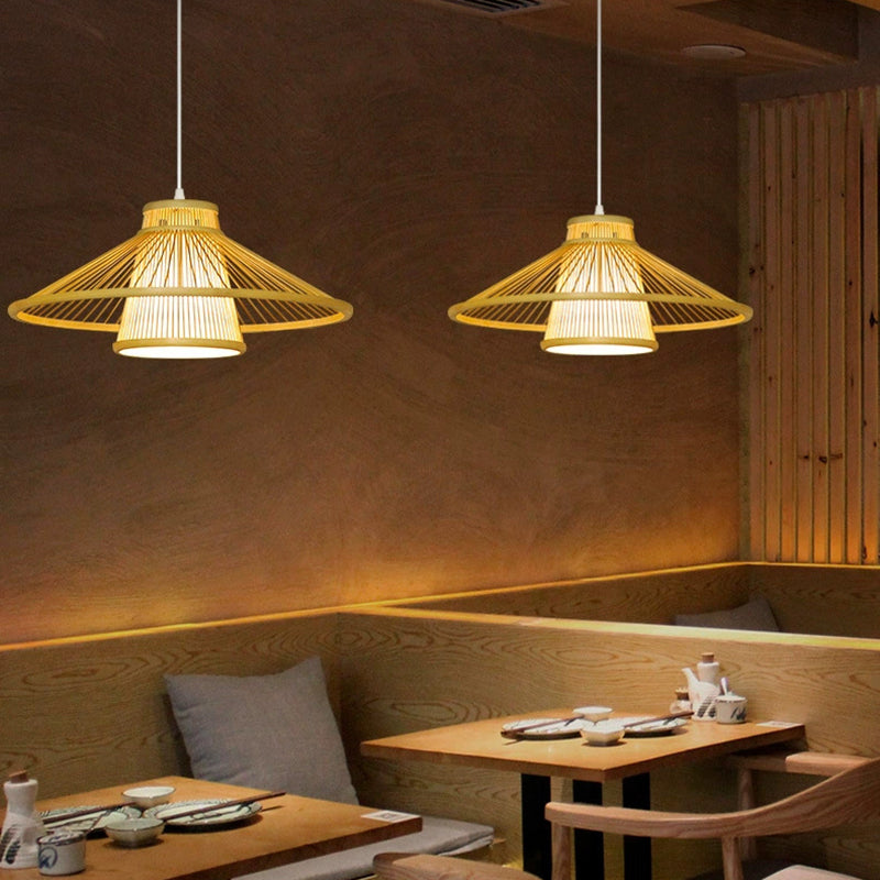 Traditional Japanese Conical Cylindrical Iron Bamboo Weaving 1-Light Pendant Light For Dining Room