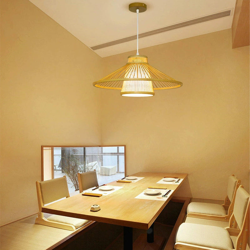 Traditional Japanese Conical Cylindrical Iron Bamboo Weaving 1-Light Pendant Light For Dining Room