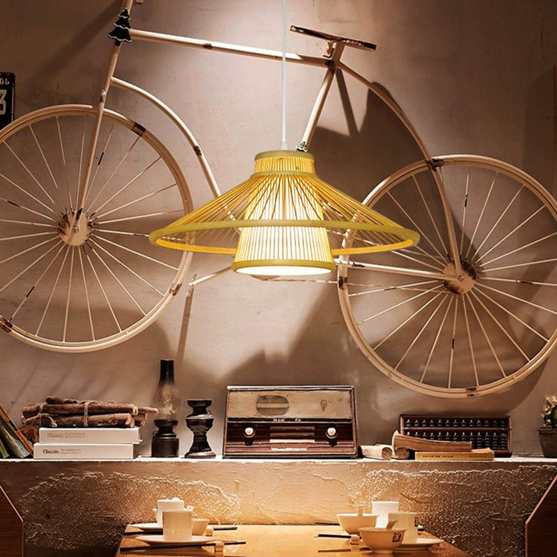Traditional Japanese Conical Cylindrical Iron Bamboo Weaving 1-Light Pendant Light For Dining Room