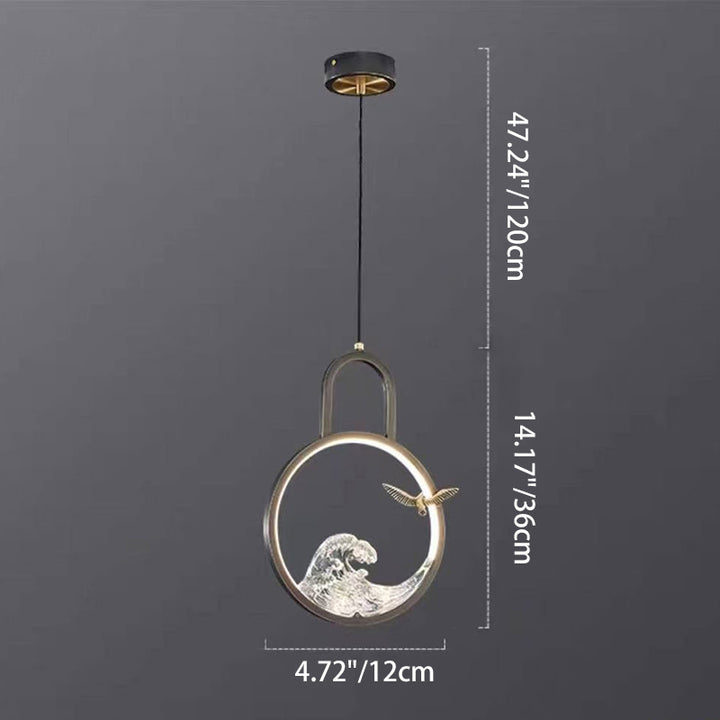 Lustre suspendu LED en résine de cuivre avec motif de vague creuse ronde chinoise traditionnelle pour chambre 