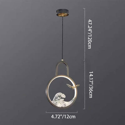 Traditional Chinese Round Hollow Wave Pattern Copper Resin LED Pendant Light For Bedroom