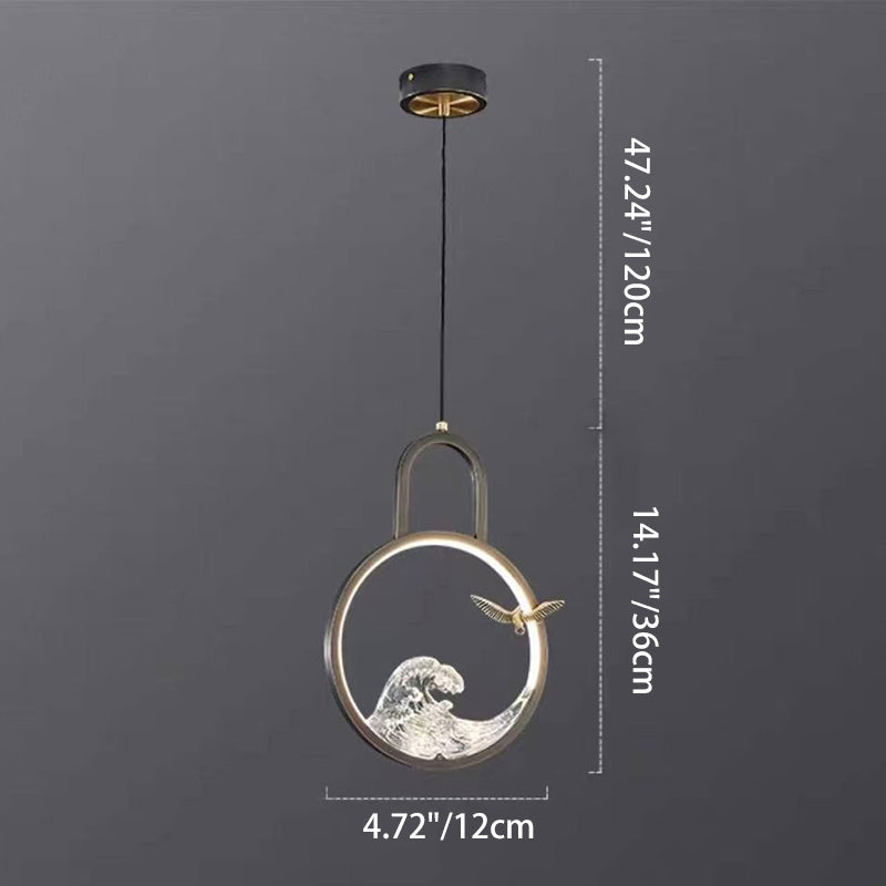 Traditional Chinese Round Hollow Wave Pattern Copper Resin LED Pendant Light For Bedroom
