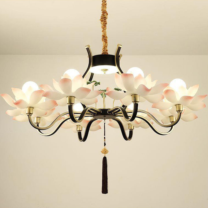 Chandelier traditionnel chinois en céramique avec résine de fer et lotus à plusieurs têtes 1/3/6/8/12 lumières pour chambre 