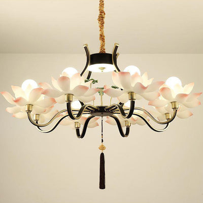 Traditional Chinese Multi-Head Lotus Iron Resin Ceramic 1/3/6/8/12-Light Chandelier For Bedroom