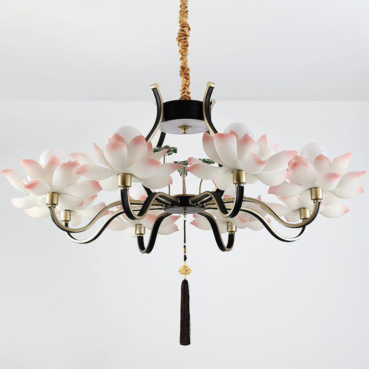 Chandelier traditionnel chinois en céramique avec résine de fer et lotus à plusieurs têtes 1/3/6/8/12 lumières pour chambre 