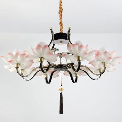 Traditional Chinese Multi-Head Lotus Iron Resin Ceramic 1/3/6/8/12-Light Chandelier For Bedroom