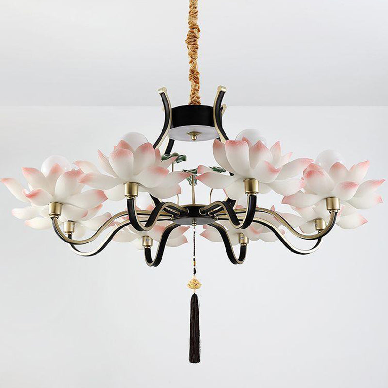 Traditional Chinese Multi-Head Lotus Iron Resin Ceramic 1/3/6/8/12-Light Chandelier For Bedroom