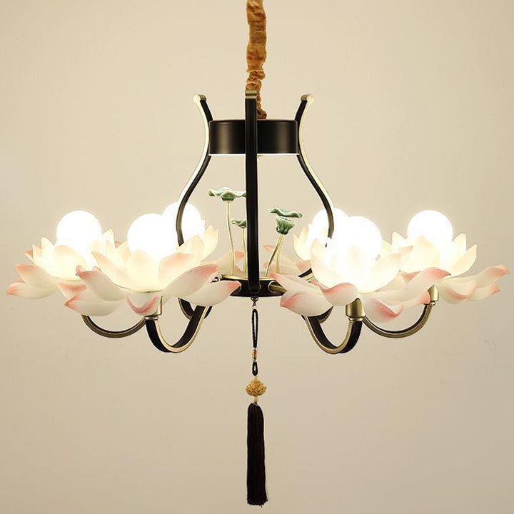 Chandelier traditionnel chinois en céramique avec résine de fer et lotus à plusieurs têtes 1/3/6/8/12 lumières pour chambre 