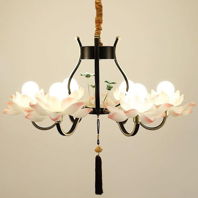 Traditional Chinese Multi-Head Lotus Iron Resin Ceramic 1/3/6/8/12-Light Chandelier For Bedroom