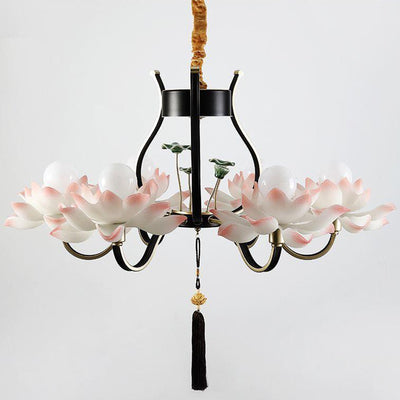 Traditional Chinese Multi-Head Lotus Iron Resin Ceramic 1/3/6/8/12-Light Chandelier For Bedroom
