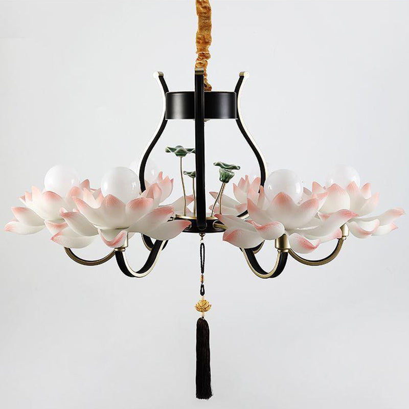 Traditional Chinese Multi-Head Lotus Iron Resin Ceramic 1/3/6/8/12-Light Chandelier For Bedroom