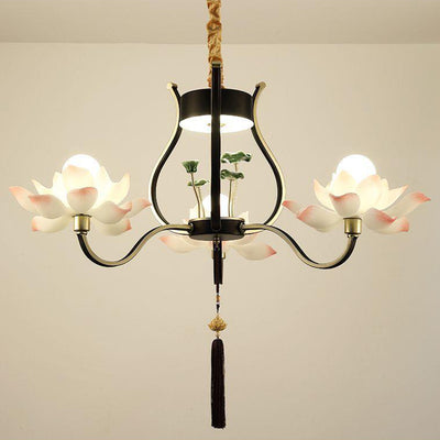 Traditional Chinese Multi-Head Lotus Iron Resin Ceramic 1/3/6/8/12-Light Chandelier For Bedroom