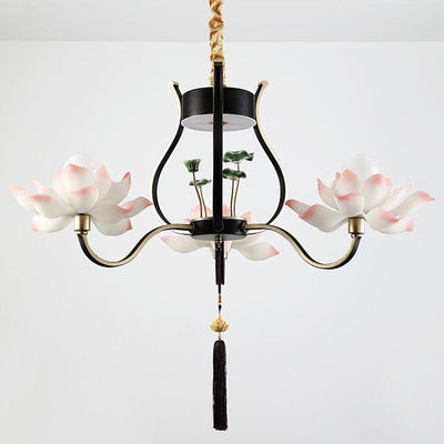 Traditional Chinese Multi-Head Lotus Iron Resin Ceramic 1/3/6/8/12-Light Chandelier For Bedroom