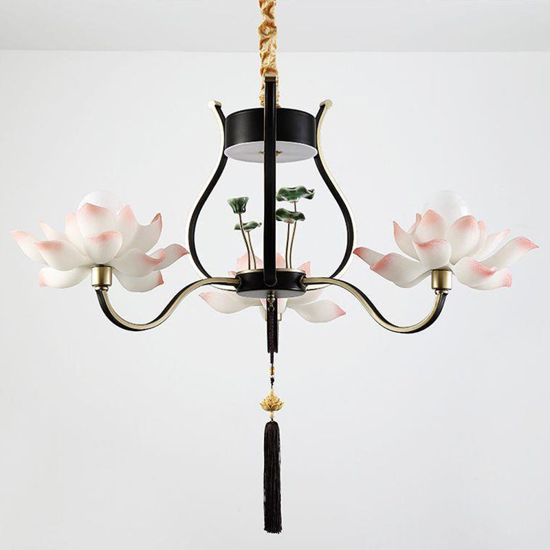 Traditional Chinese Multi-Head Lotus Iron Resin Ceramic 1/3/6/8/12-Light Chandelier For Bedroom