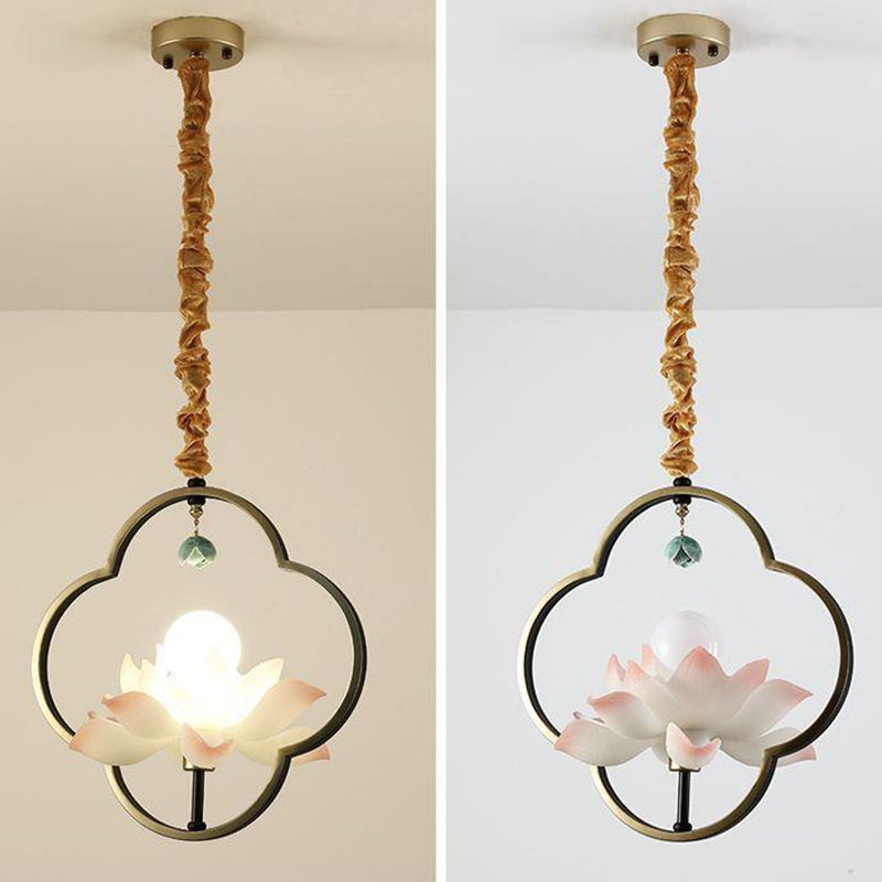Traditional Chinese Multi-Head Lotus Iron Resin Ceramic 1/3/6/8/12-Light Chandelier For Bedroom