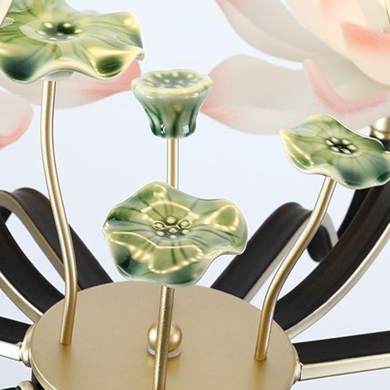 Traditional Chinese Multi-Head Lotus Iron Resin Ceramic 1/3/6/8/12-Light Chandelier For Bedroom