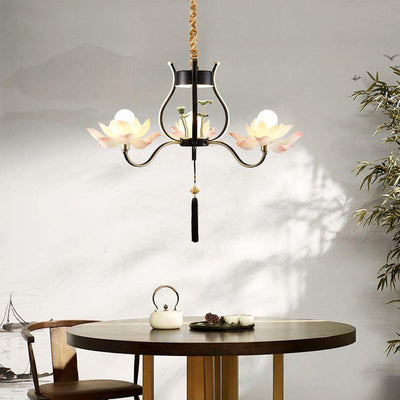 Traditional Chinese Multi-Head Lotus Iron Resin Ceramic 1/3/6/8/12-Light Chandelier For Bedroom