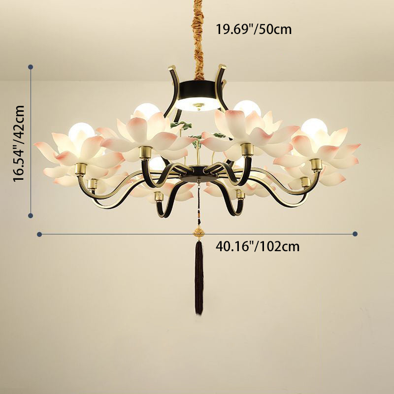 Traditional Chinese Multi-Head Lotus Iron Resin Ceramic 1/3/6/8/12-Light Chandelier For Bedroom