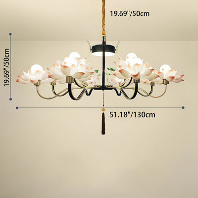 Traditional Chinese Multi-Head Lotus Iron Resin Ceramic 1/3/6/8/12-Light Chandelier For Bedroom