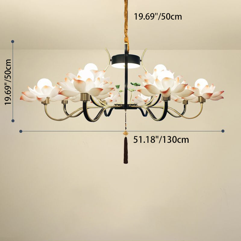 Traditional Chinese Multi-Head Lotus Iron Resin Ceramic 1/3/6/8/12-Light Chandelier For Bedroom