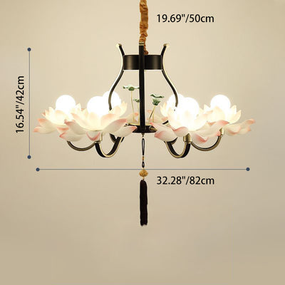 Traditional Chinese Multi-Head Lotus Iron Resin Ceramic 1/3/6/8/12-Light Chandelier For Bedroom