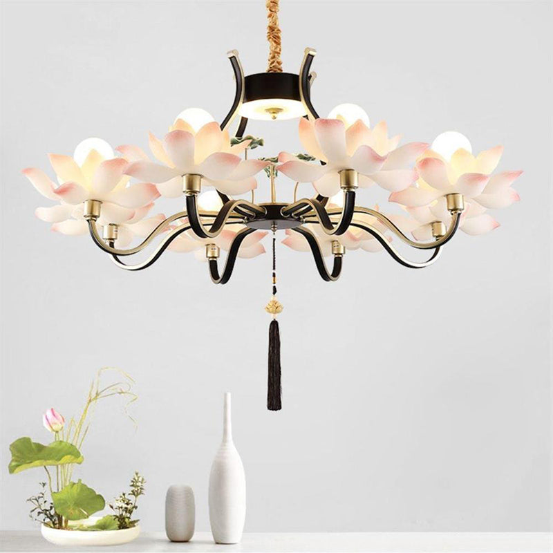 Traditional Chinese Multi-Head Lotus Iron Resin Ceramic 1/3/6/8/12-Light Chandelier For Bedroom