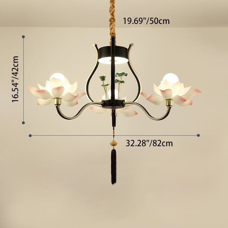 Traditional Chinese Multi-Head Lotus Iron Resin Ceramic 1/3/6/8/12-Light Chandelier For Bedroom