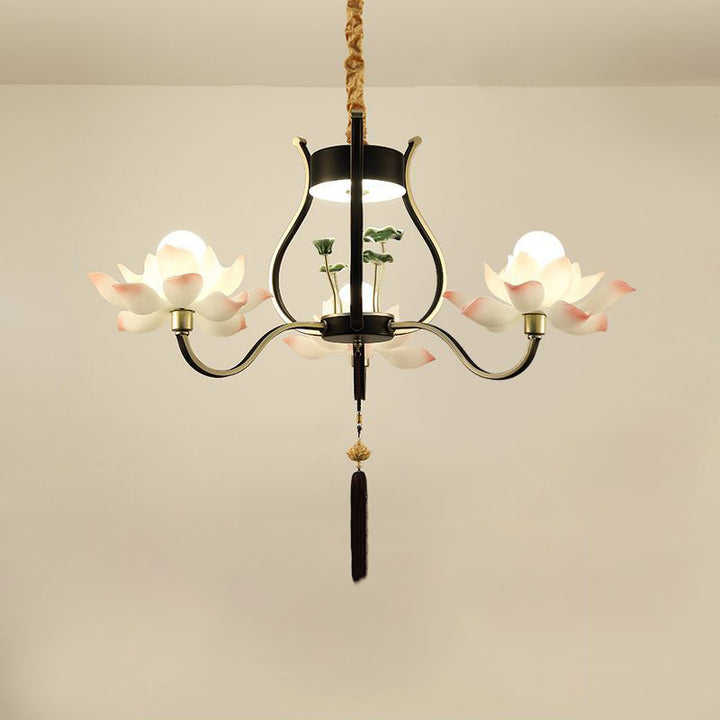 Chandelier traditionnel chinois en céramique avec résine de fer et lotus à plusieurs têtes 1/3/6/8/12 lumières pour chambre 