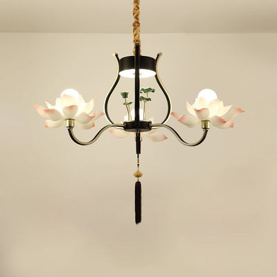 Traditional Chinese Multi-Head Lotus Iron Resin Ceramic 1/3/6/8/12-Light Chandelier For Bedroom