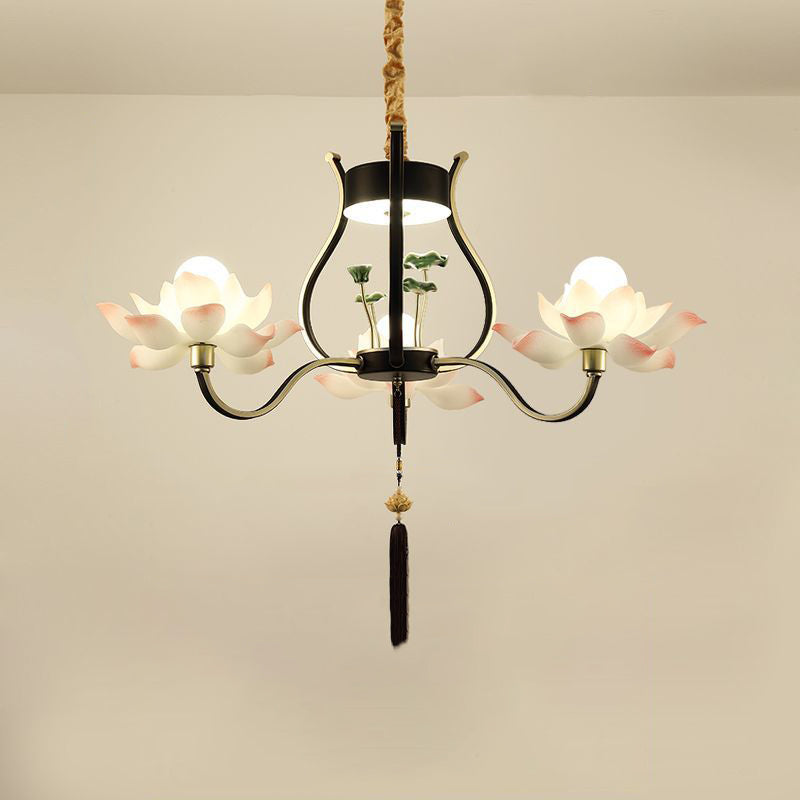 Traditional Chinese Multi-Head Lotus Iron Resin Ceramic 1/3/6/8/12-Light Chandelier For Bedroom