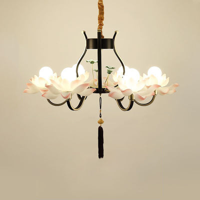 Traditional Chinese Multi-Head Lotus Iron Resin Ceramic 1/3/6/8/12-Light Chandelier For Bedroom