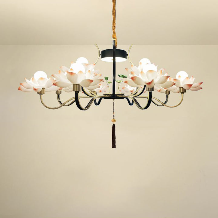 Chandelier traditionnel chinois en céramique avec résine de fer et lotus à plusieurs têtes 1/3/6/8/12 lumières pour chambre 