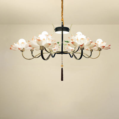 Traditional Chinese Multi-Head Lotus Iron Resin Ceramic 1/3/6/8/12-Light Chandelier For Bedroom