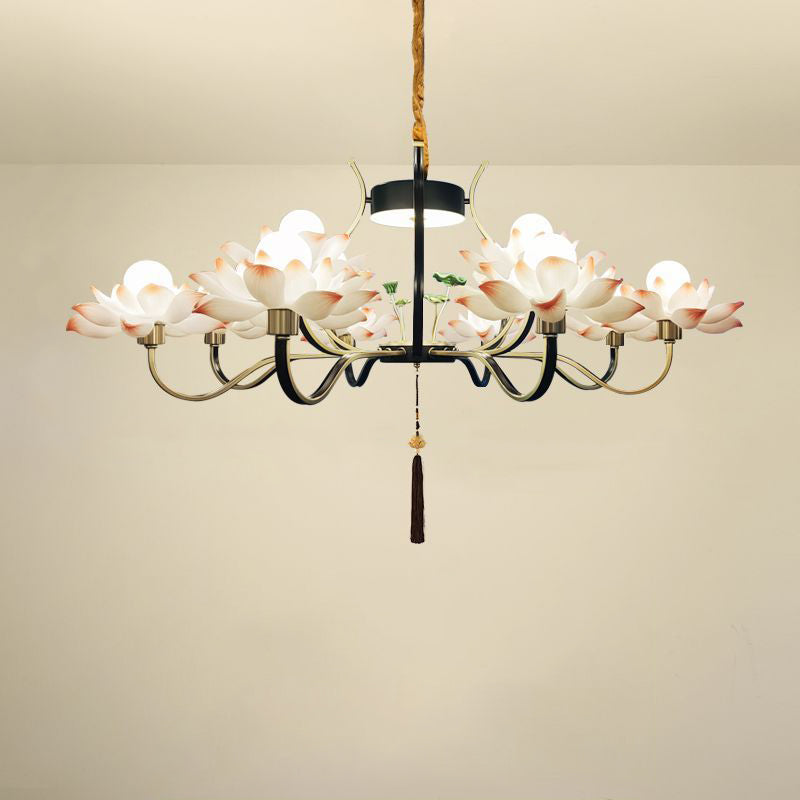 Traditional Chinese Multi-Head Lotus Iron Resin Ceramic 1/3/6/8/12-Light Chandelier For Bedroom
