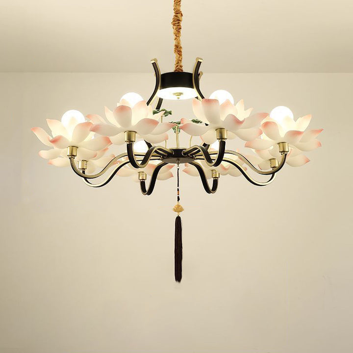Chandelier traditionnel chinois en céramique avec résine de fer et lotus à plusieurs têtes 1/3/6/8/12 lumières pour chambre 