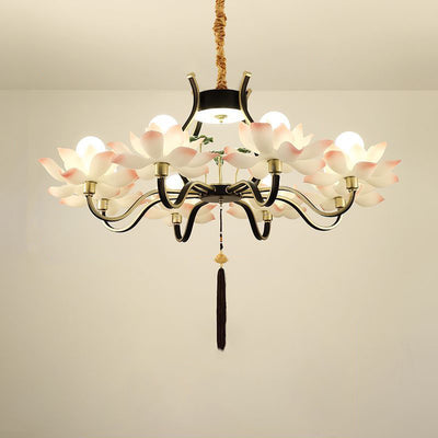 Traditional Chinese Multi-Head Lotus Iron Resin Ceramic 1/3/6/8/12-Light Chandelier For Bedroom