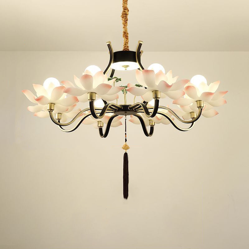 Traditional Chinese Multi-Head Lotus Iron Resin Ceramic 1/3/6/8/12-Light Chandelier For Bedroom