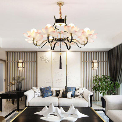 Traditional Chinese Multi-Head Lotus Iron Resin Ceramic 1/3/6/8/12-Light Chandelier For Bedroom