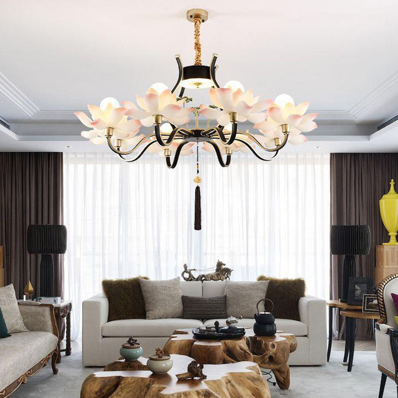 Traditional Chinese Multi-Head Lotus Iron Resin Ceramic 1/3/6/8/12-Light Chandelier For Bedroom