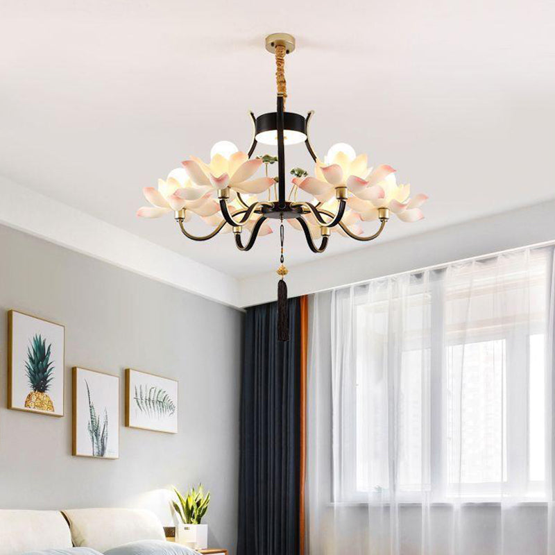 Traditional Chinese Multi-Head Lotus Iron Resin Ceramic 1/3/6/8/12-Light Chandelier For Bedroom