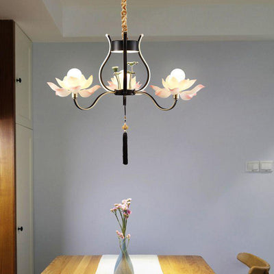 Traditional Chinese Multi-Head Lotus Iron Resin Ceramic 1/3/6/8/12-Light Chandelier For Bedroom