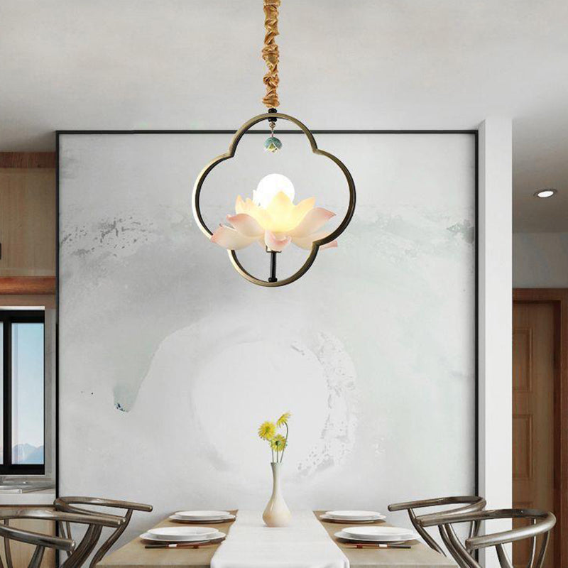 Traditional Chinese Multi-Head Lotus Iron Resin Ceramic 1/3/6/8/12-Light Chandelier For Bedroom