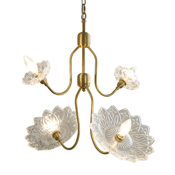 Traditional Vintage Floral Brass Glass 4/6-Light Chandelier For Bedroom