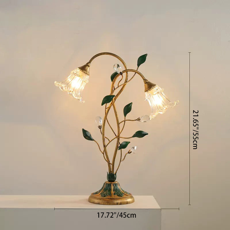 Lampe de table à 2 lumières en fer forgé avec vigne fleurie à double tête vintage traditionnel et verre cristal pour chambre à coucher 