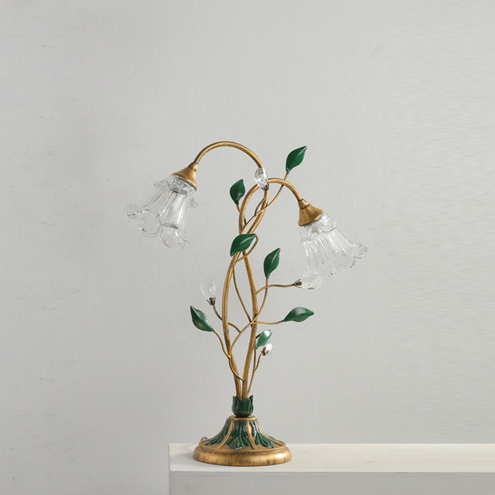 Lampe de table à 2 lumières en fer forgé avec vigne fleurie à double tête vintage traditionnel et verre cristal pour chambre à coucher 