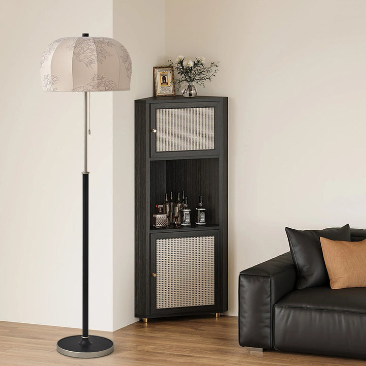 Traditional Vintage Jellyfish-Shaped Iron Ash Wood Fabric 3-Light Standing Floor Lamp For Bedroom