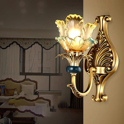 Traditional French Flower-Shaped Copper Glass 1/2-Light Wall Sconce Lamp For Bedroom