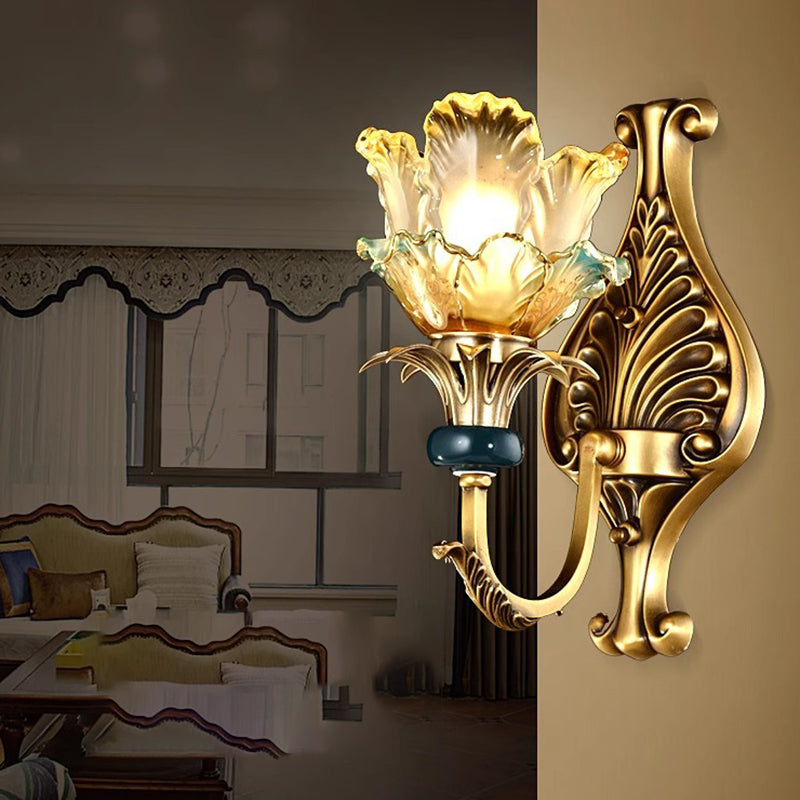 Traditional French Flower-Shaped Copper Glass 1/2-Light Wall Sconce Lamp For Bedroom