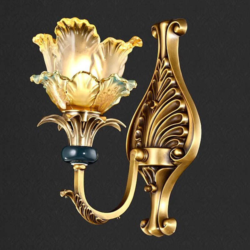 Traditional French Flower-Shaped Copper Glass 1/2-Light Wall Sconce Lamp For Bedroom