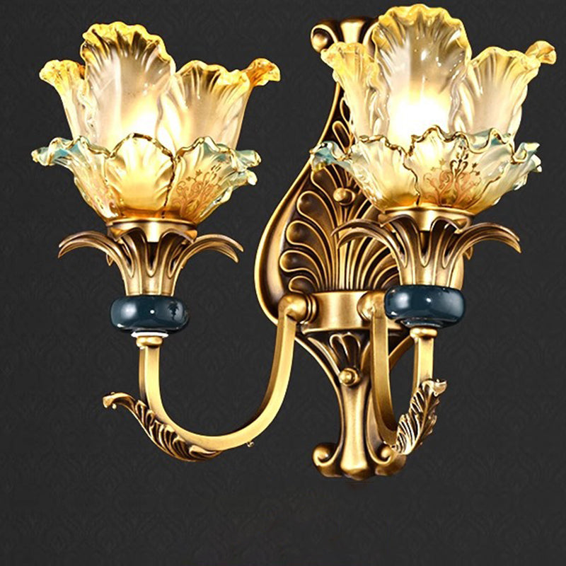Traditional French Flower-Shaped Copper Glass 1/2-Light Wall Sconce Lamp For Bedroom